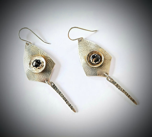 Shield earrings with silver drop