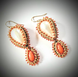 Beaded Mabe Pearl & Coral Earrings